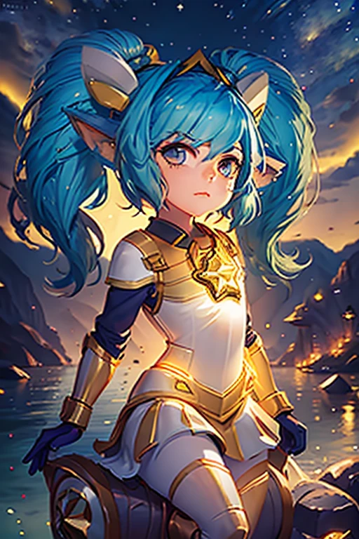 altamente detalhado, alta qualidade, Obra de arte, lindo, StarGuardianPoppy, Yordle, 1 garota, Sozinho, fundo de guerra, com uma ponte sobre um lago koi, peitos ermensos