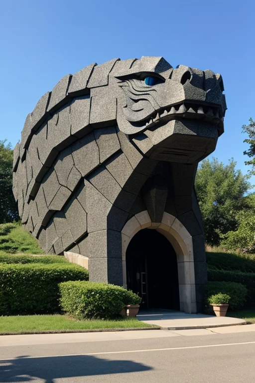 a building shaped like a stone dragon, that is biting its own tail