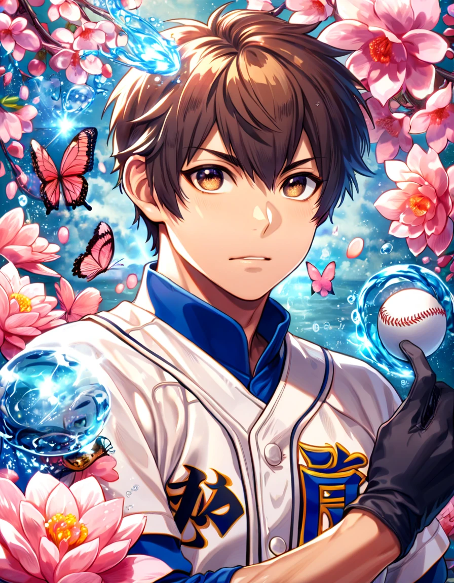 absurdres, highres, ultra detailed, HDR, master piece, best quality, extremely detailed face, delicated features, Sawamura Eijun, brown hair, expressive brown eyes, Diamond No Ace, solo, sexy man, handsome, white baseball uniform, black gloves, water, blossoms, pink flowers, pink butterflies, fantasy, magic, radiant
