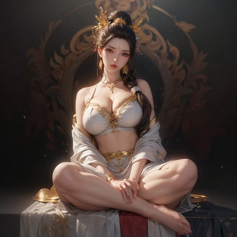 A girl，Solitary，Gray background，Artistic Lighting，Beautiful Asian goddess，Brown long hair，High Ponytail，Blonde headband，Exquisite facial features，Thin white lace dress，gold embroidery on skirt，Sleeveless，Smooth skin，huge :1.5(((Full breasts,)))(((Large Breasts))) (((Cleavage))),，Sit cross-legged，Hands together，center，symmetry，from below，Abdominal Shot