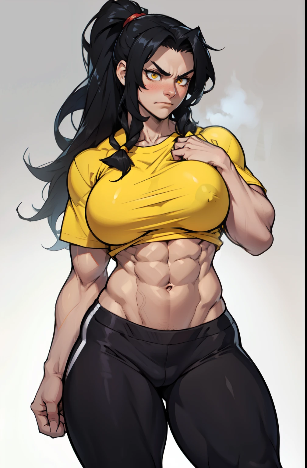 ((1 girl)), extremely long hair, solo, ((muscular)), veins, black hair, yellow eyes, blushing, pale skin, strong, veins, abs, (huge breasts), navel, standing, frowning, tight shirt sideways