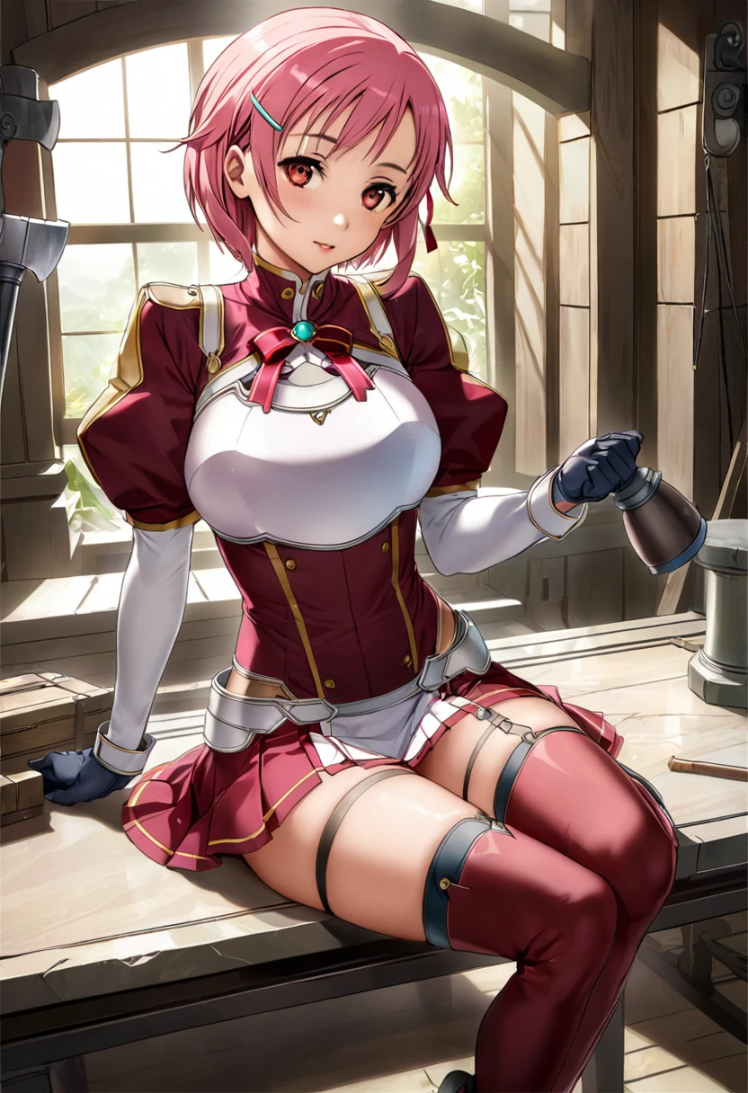 highest quality、unity 8k wallpaper、32k、masterpiece、Very detailed、Ultra-high resolution、　Magical Smith Lisbeth、lisbeth (sao)、Puff sleeves、Shoulder rest、Silver Breastplate、Pleated skirt、Long gloves、Thigh-high stiletto boots、A large ribbon with a large brooch on the chest、Hair Clip、Hair Ribbon、Hold the magical hammer in one hand、Smithy Table