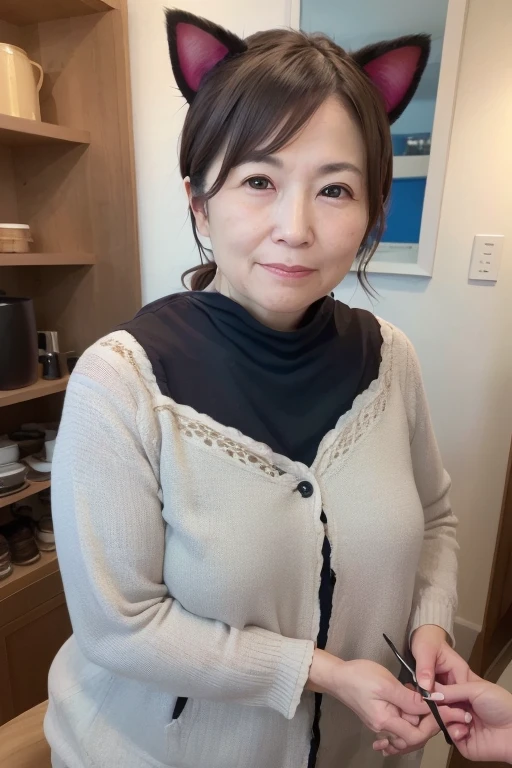 55 year old mature japanese woman, elegant lady, married woman, long eyelashes, chubby body type, ((cat ears)), low ponytail, older woman on luxury cruise ship with young man, (best quality,8k,highres,masterpiece:1.2),ultra-detailed,(realistic,photorealistic,photo-realistic:1.37),hdr,uhd,studio lighting,ultra-fine painting,sharp focus,physically-based rendering,extreme detail description,professional,vivid colors,bokeh,portraits,photography