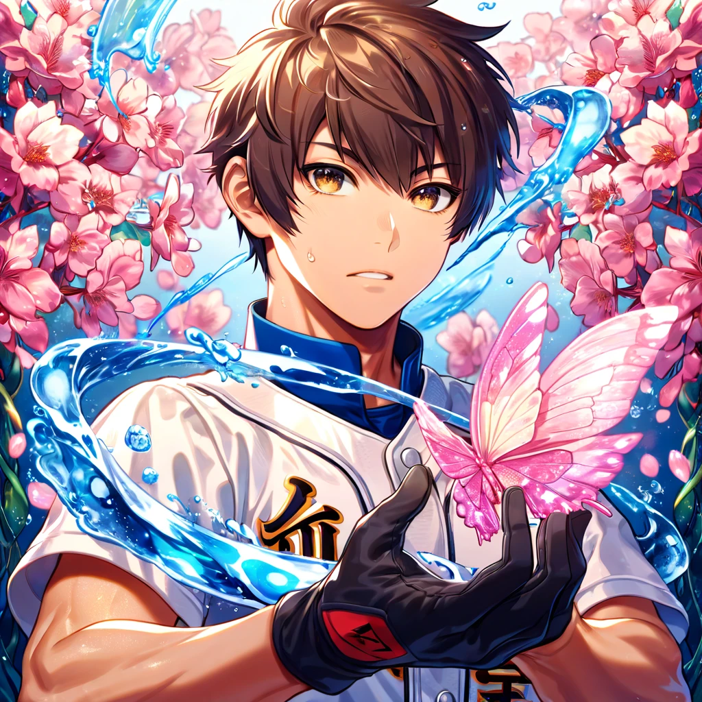 absurdres, highres, ultra detailed, HDR, master piece, best quality, extremely detailed face, delicated features, Sawamura Eijun, brown hair, expressive brown eyes, Diamond No Ace, solo, sexy man, handsome, white baseball uniform, black gloves, water, blossoms, pink flowers, pink butterflies, fantasy, magic, radiant