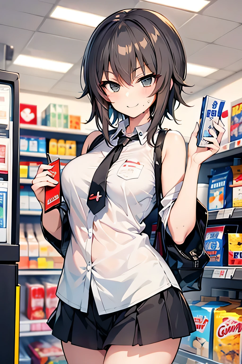 Erotic manga、highest quality、A clerk shopping at a convenience store、Girls und Panzer、Nishizumi Maho、smile、Perfect balance、Fatty legs、Clear eyes、Cowboy Shot、Sweaty