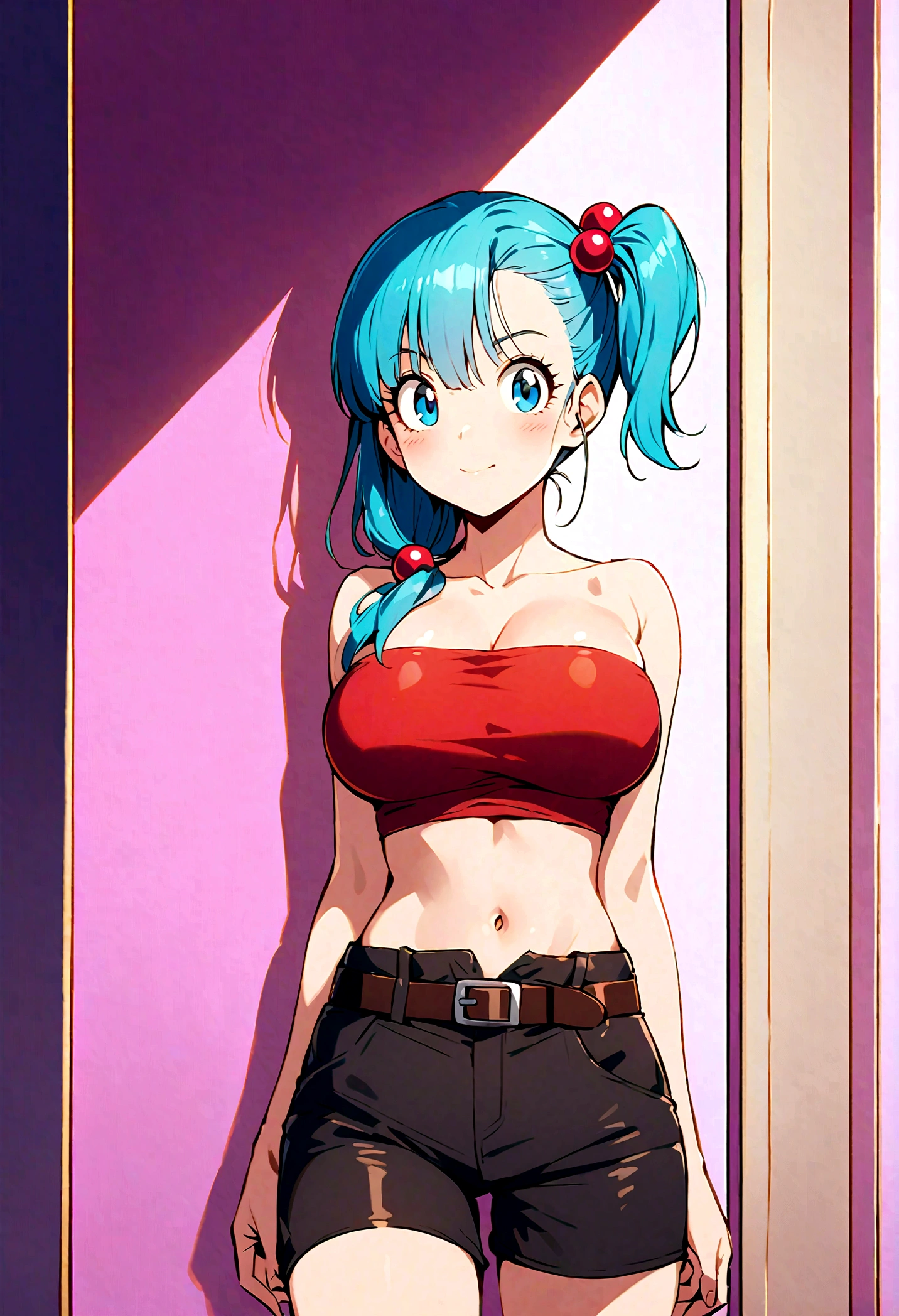  score_9, score_8_up, score_7_up, BREAK from side,middle shot,bulma, blue eyes, blue hair,bare shoulders, belt, cleavage, hair bobbles, hair ornament, hair over shoulder, (big breast),midriff, navel, one side up, red tube top, shorts, side ponytail, (strapless, tube top),
