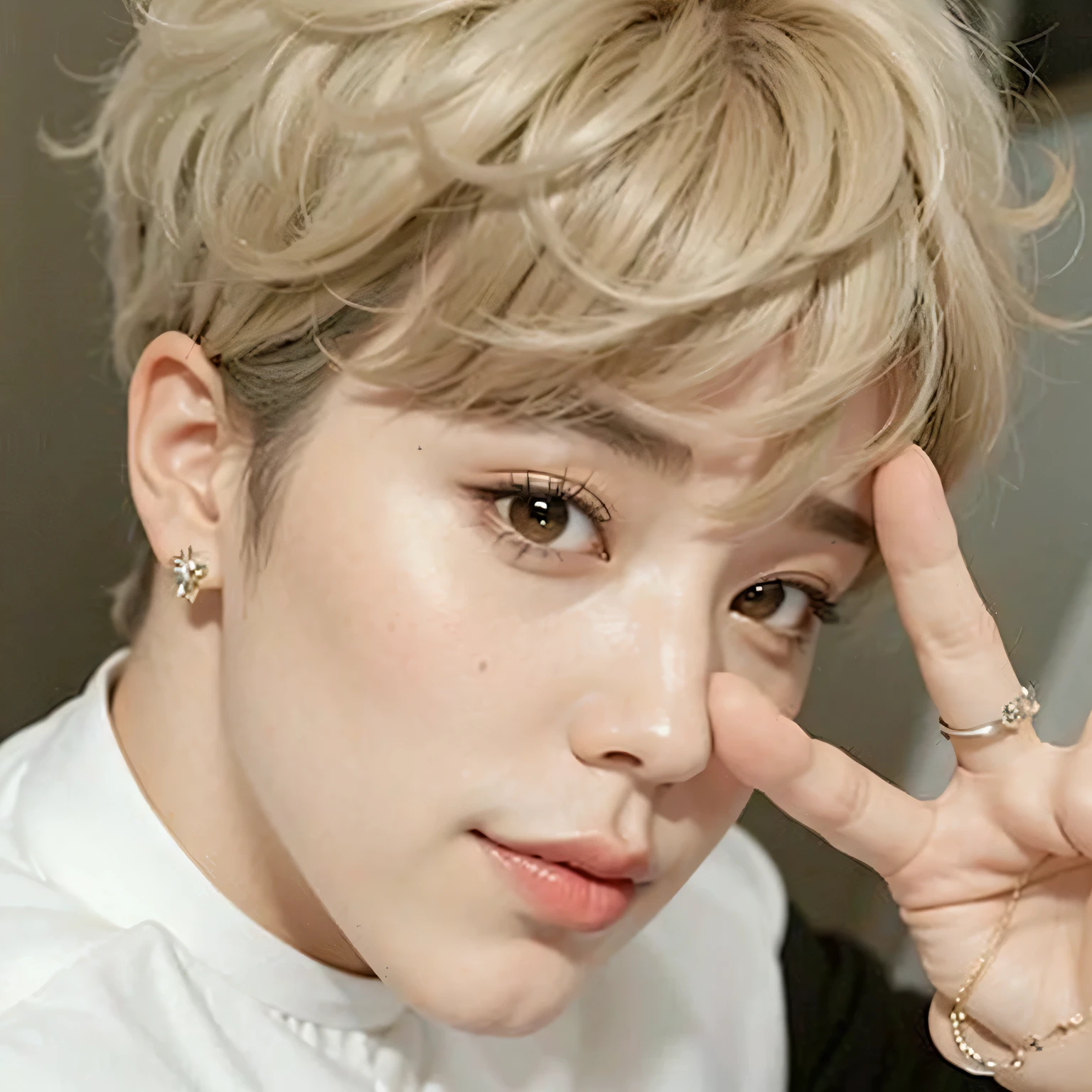 um close de uma pessoa com um dedo no nariz, accurate Jimin face, Jimin\the full lips, Jimin\o nariz grego, park Jimin, Jimin\the right eyelid is swollen, Jimin, Yoongi de cabelo preto, adorable and pale korean face, Jung Jaehyun, Kim Doyoung, hyung tae, Hong junho hyung, rosto perfeito e garoto
