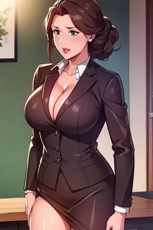 Holley,Wearing brown office suit,(((Full breasts,)))(((Large Breasts))) (((Cleavage))), high quality,4k, 