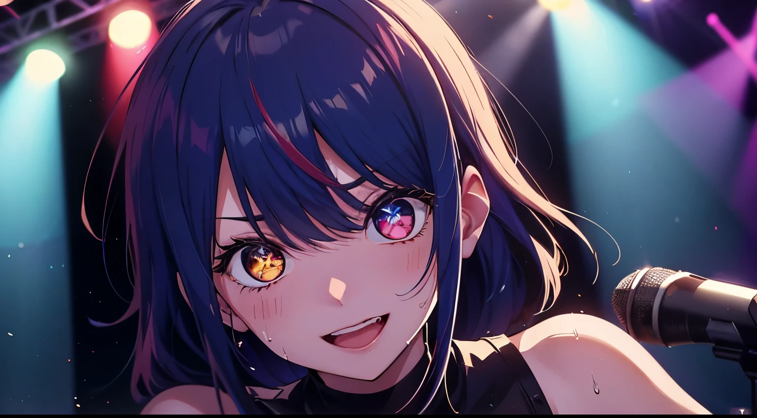heterochromia、red eyes,yellow eyes、Idol singer singing with live music、Singing while sweating alone、Have fun with a smile、Hair color is blue hair、Proud Idol、slim figure、The background is the stage