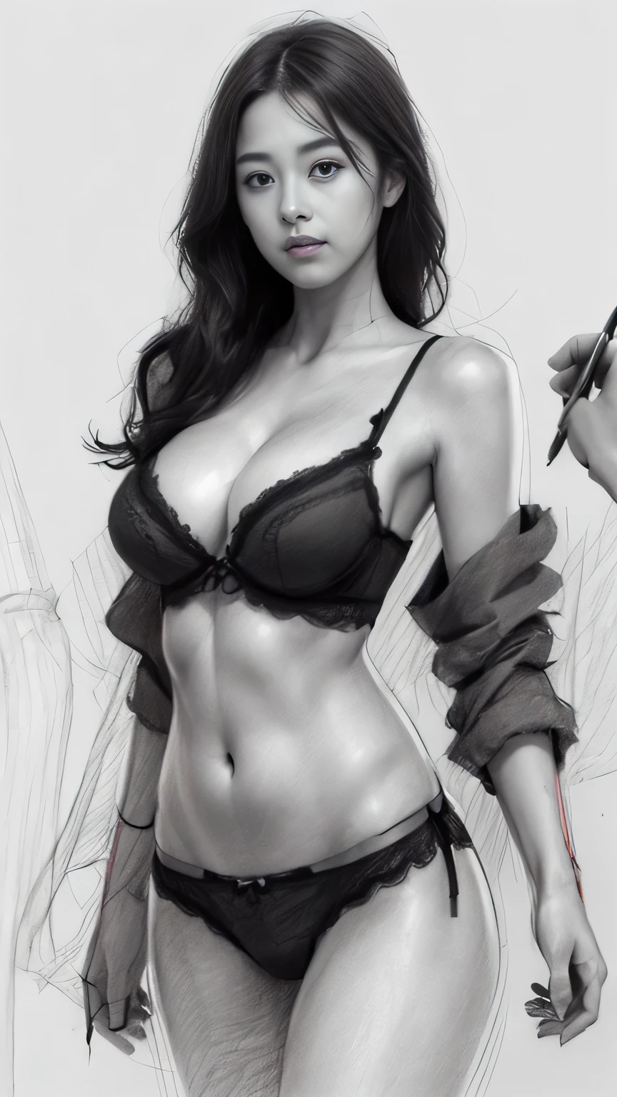 (Graphite:1.7)、(Pencil drawing:1.5)、(sketch:2)、(Pencil drawing)、 sketch、highest quality, masterpiece, Very delicate and beautiful, Very detailed, CG, Unity, 8k wallpaper, (Sharp Focus:1.5), 8k, Cowboy Shot、1 Girl, Standing posture with open legs、Alluring、sexy、Beautiful Face、Detailed face、Perfect proportions、Big Tits、Narrow waist、Big Ass、Belly button、Thighs、Sexy Lingerie、Beautifully designed lingerie、Chestnut Hair, Long Hair、(Sweat:1), Perfect Fingers、(Dynamic Pose:1.1),