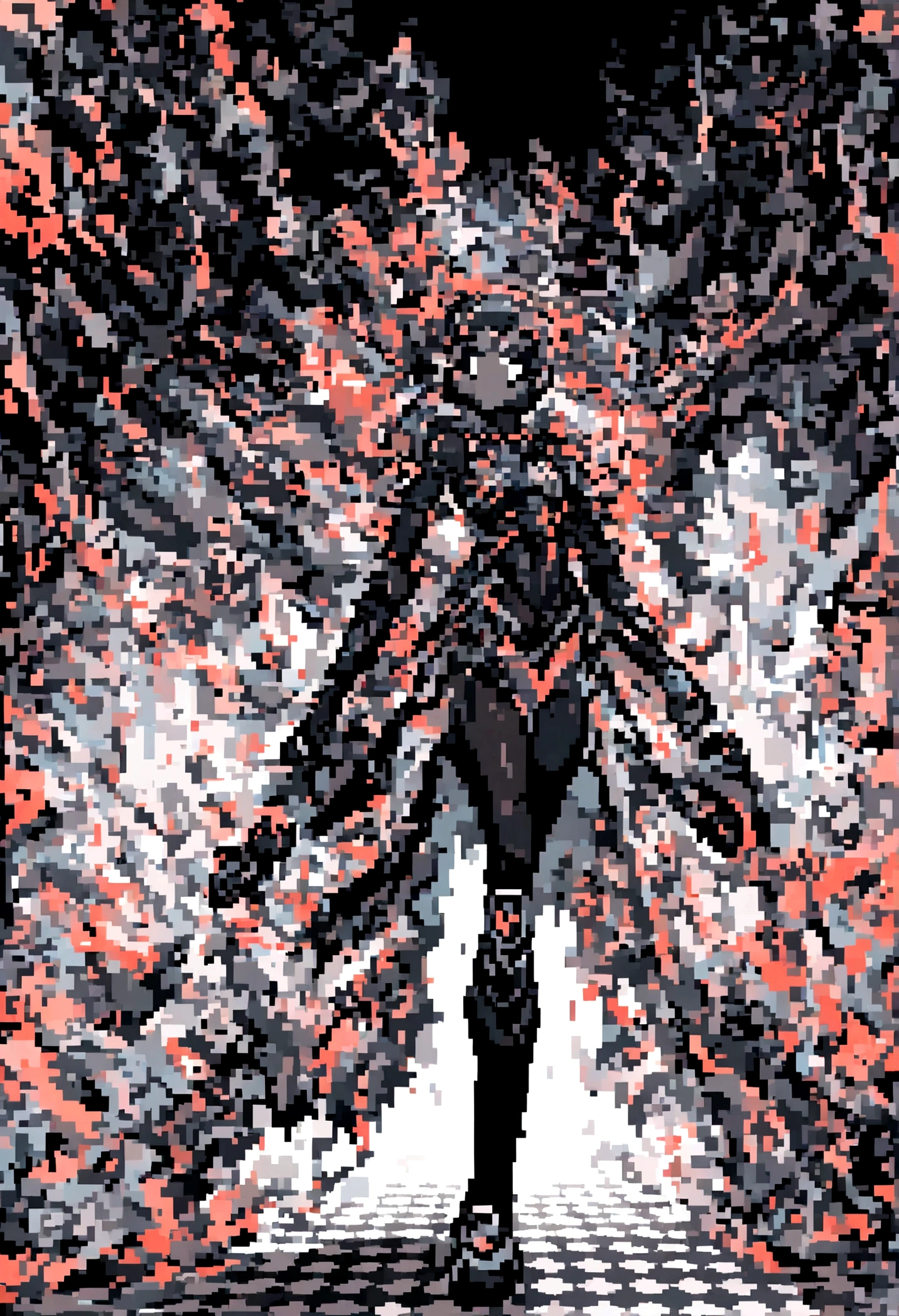 a young robot draws art using only black and white pixels