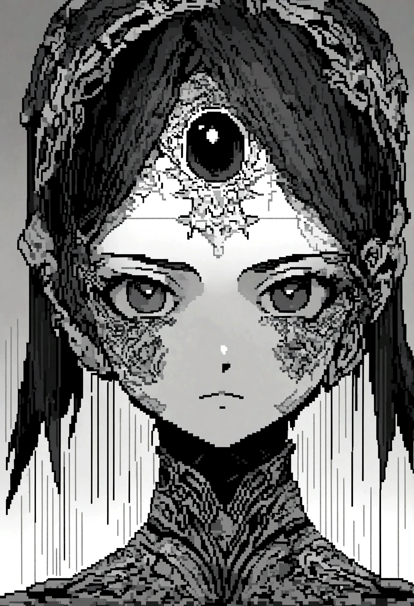 a young  robot draws art using only black and white pixels
