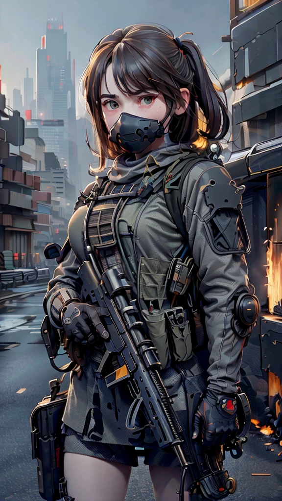 Star 15 Mod, (Masterpiece), (best quality), (very detailed), (best illustrations),(best shadow), look at viewer, cowboy shoot, City background destroyed by fire, tactical gear, tactical bag, (Gas Mask:0.8), tactical armor, Assault Rifle, pistol holster, (frown:1.3)