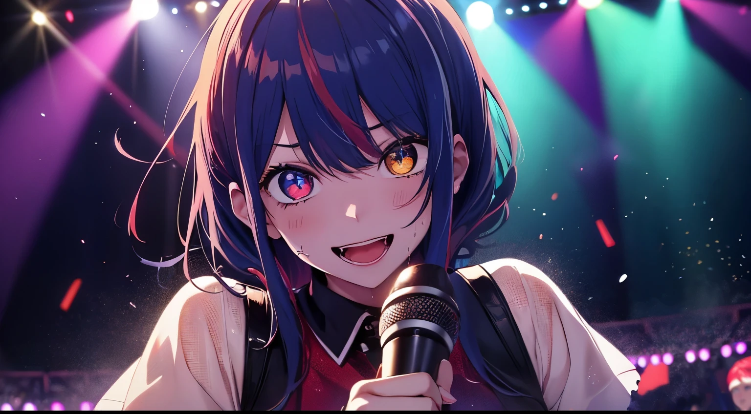 heterochromia、red eyes,yellow eyes、Idol singer singing with live music、Singing while sweating alone、Have fun with a smile、Hair color is blue hair、Proud Idol、slim figure、The background is the stage