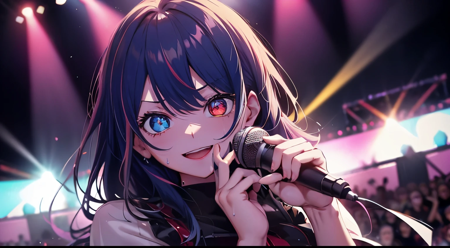 heterochromia、red eyes,yellow eyes、Idol singer singing with live music、Singing while sweating alone、Have fun with a smile、Hair color is blue hair、Proud Idol、slim figure、The background is the stage