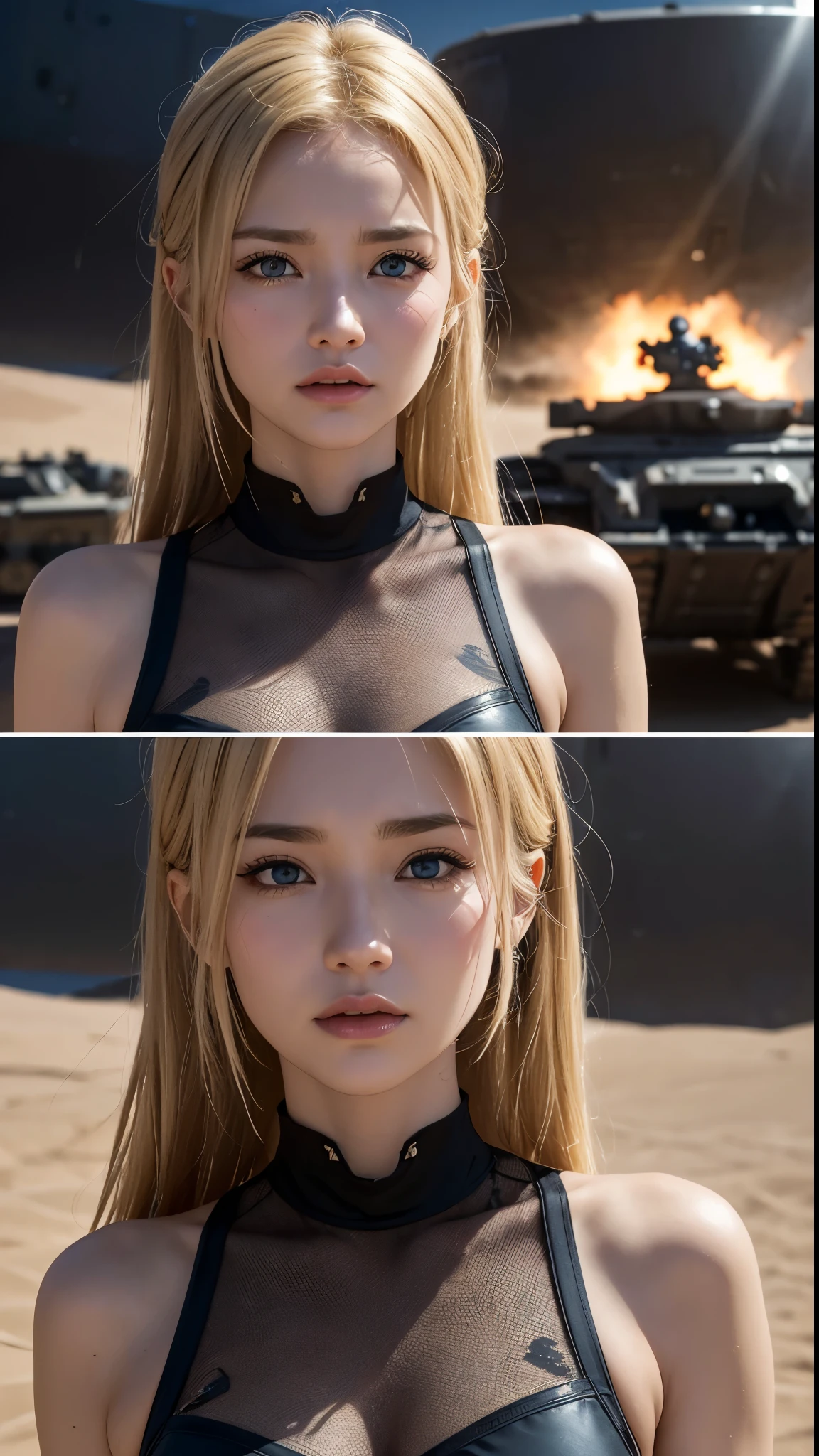 In breathtaking cinematic scenes from Hollywood movies、It showcases a panoramic view of an M-1 Abrams tank firing across a vast golden desert.。The protagonist is、A 35-year-old soldier with short, sandy blonde hair and piercing blue eyes.、The expression is serious yet determined.。Jaws clenched、Her lips are pressed together in a thin line、There are slight wrinkles at the corners of the eyes.、There is a hint of excitement in the air。 The tanks are beautifully detailed.、Metal corner々It is perceived in a complex way.、Very detailed and gives the impression of a high budget production。Shallow depth of field、