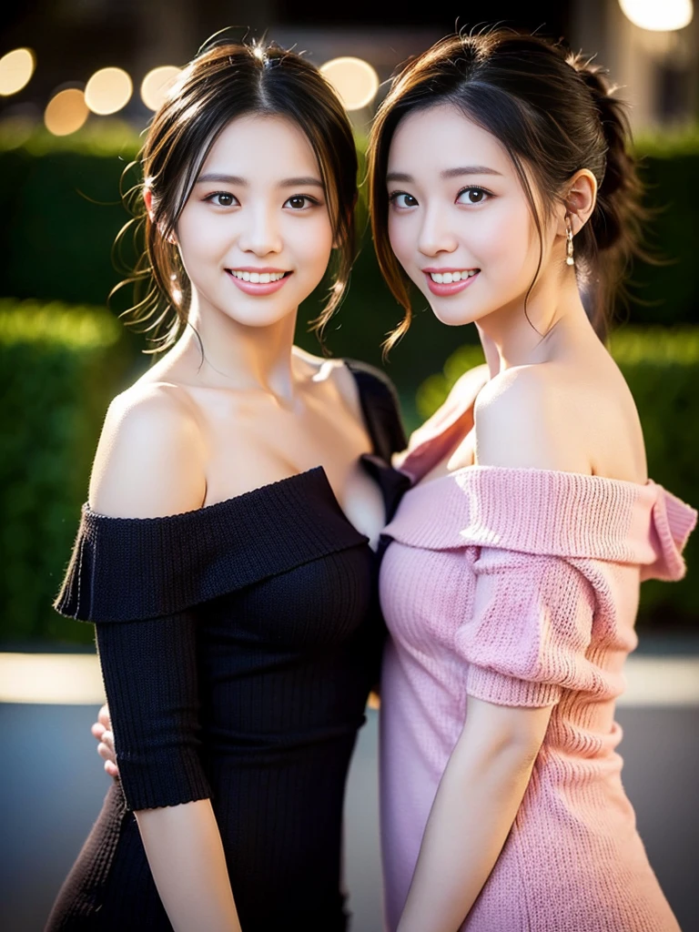 a pair of gorgeous identical twin sisters, age 18, in a light-color and a dark-color Asymmetrical Open Shoulder Knit Tight Dress, posing naturally under night sky, dimpled smile, short ponytail, short hair, cute snaggleteeth, teeth adorned with braces, well-endowed round bosom, enchanting cleavage, photorealistic, beautiful detailed eyes, hyper-realism, high contrast, ultra HD, realistic skin textures, top image quality, top-quality, super high resolution, fine details, very meticulously, bokeh background, focused shot head-to-waist