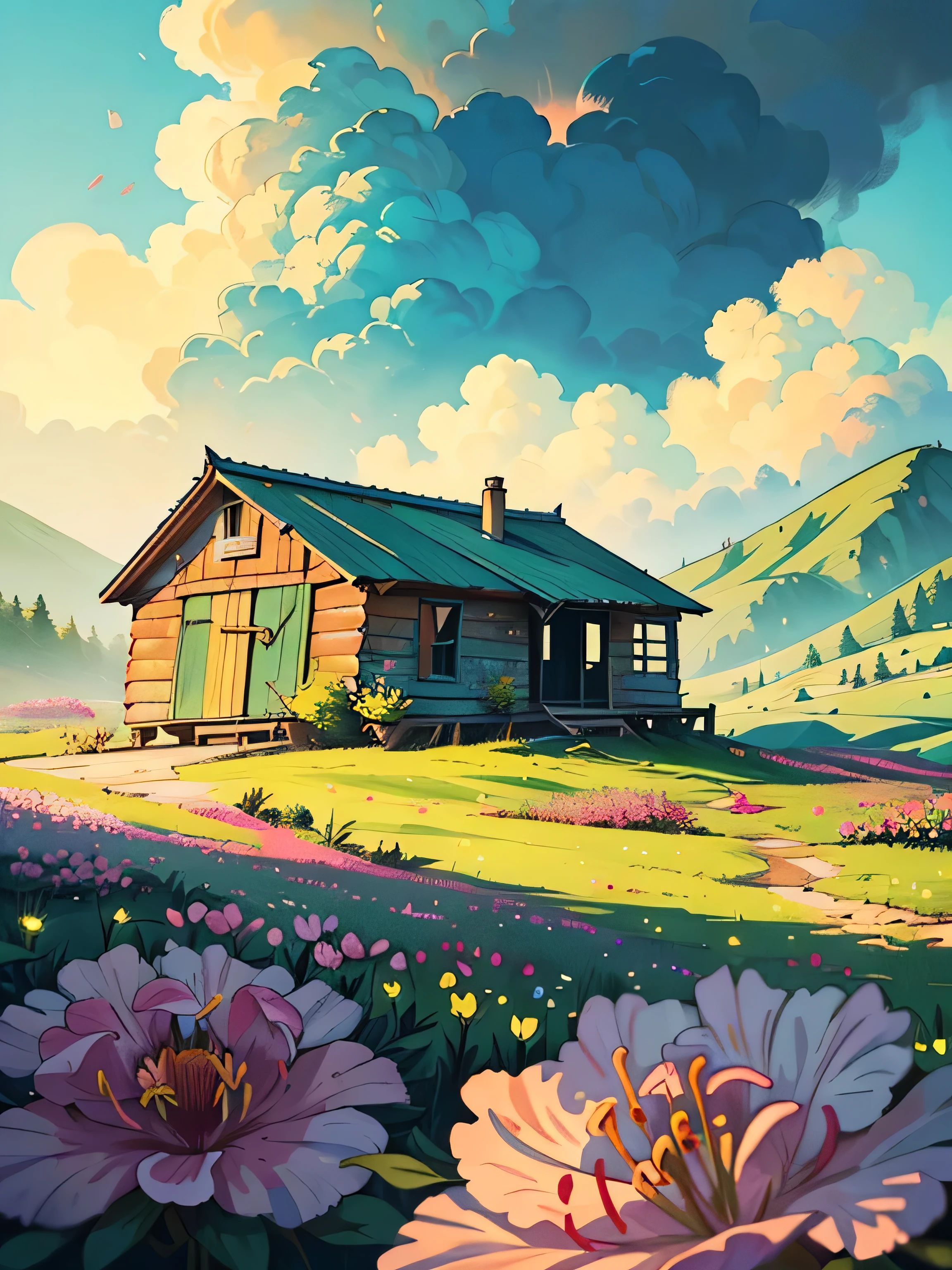 (masterpiece:1), (full wide view:1.5), (a beautiful old wooden abandoned hut:1.6), (lo-fi environment:1.3), (valley of flowers:1.5), (movie scene:1.3), silence, (cloudy sky:1.4), (soft dull glow of green and yellow tones:1.4), magnificent sky, (Dim volumetric light:1.2), peaceful, (Azalea flowers in foreground:1.4), (nature:1.3), (uphill grasslands:1.3), (untouched beautiful nature:1.4), (beautiful aesthetics:1.2), (windy environment:1.4), beautiful tones, subtle colors, peaceful, (illustration: 1.0), epic composition, realistic lighting, (no human:1.6), HD details, masterpiece, best quality, ,