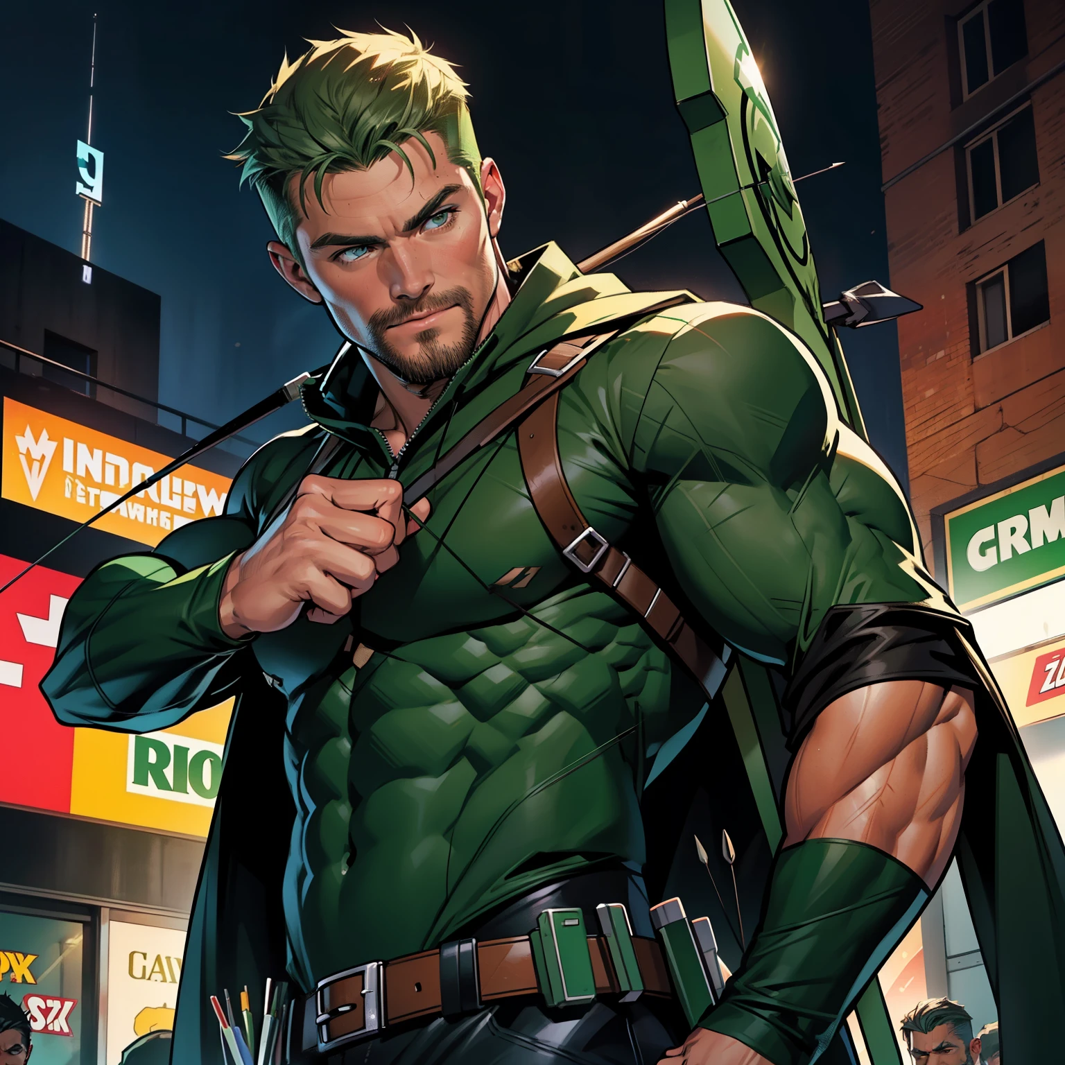 a  muscular mature man , hero withdark green  suit ((DC Comics)) , stephen amell as green arrow aiming with his bow and arrows towards his targets , hunk and handsome in action