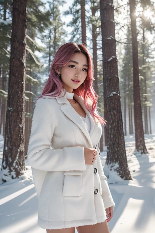 1 girl, Korean model, extremely beautiful, perfect body. The Canon EOS R5 camera combines a Canon EF 200mm f/1.5L IS III USM lens adjusted to capture sharp landscapes and even the entire body of the character. 8K photo quality, lifelike, masterpiece, sharpest and highest contrast, super realistic color photos. Her hair is pink, long and smooth, the wind blows it beautifully under the bright sunlight. Beautiful face, perfect and sexy, holy, perfectly proportioned, beautiful in every detail, ((shiny)), high-end cosmetic makeup. Bright smile, pure white teeth and details. Attractive glossy red lips, brilliant glossy red lipstick. Brown eyes, glossy, seductive, ((sharp makeup)), realistic, ((wet eyes)), detailed. Pink eyeshadow, long eyelashes, blush, high-end cosmetics. Two delicate eyelids, perfectly beautiful and detailed, black eyelashes. Eyebrows are curved, sparse, sharp and detailed. High and detailed nose. Cheeks are prominent and detailed. ((Bright white skin)), detailed pores, shiny skin, smooth skin. Long, shiny legs. Hands are beautiful, perfect, ((no flaws)), no defects. Complex light, yellow-black rays, ((lights the face)), sparkling sunlight, ((lights the girl's body)). Gold and silver earrings, diamond necklace, emerald belt, Rolex watch.
Slim-fitting jacket dress above the knee, snowy pine trees, snowflakes, fog, cold air, cinematic lighting, dramatic silhouettes, fantasy, depth of field, volumetric lighting, covered trees Falling snow, snow falling in hair, beautiful background scenery, detailed background, super detailed. Panoramic photo of a girl standing in a pine forest filled with white snow.