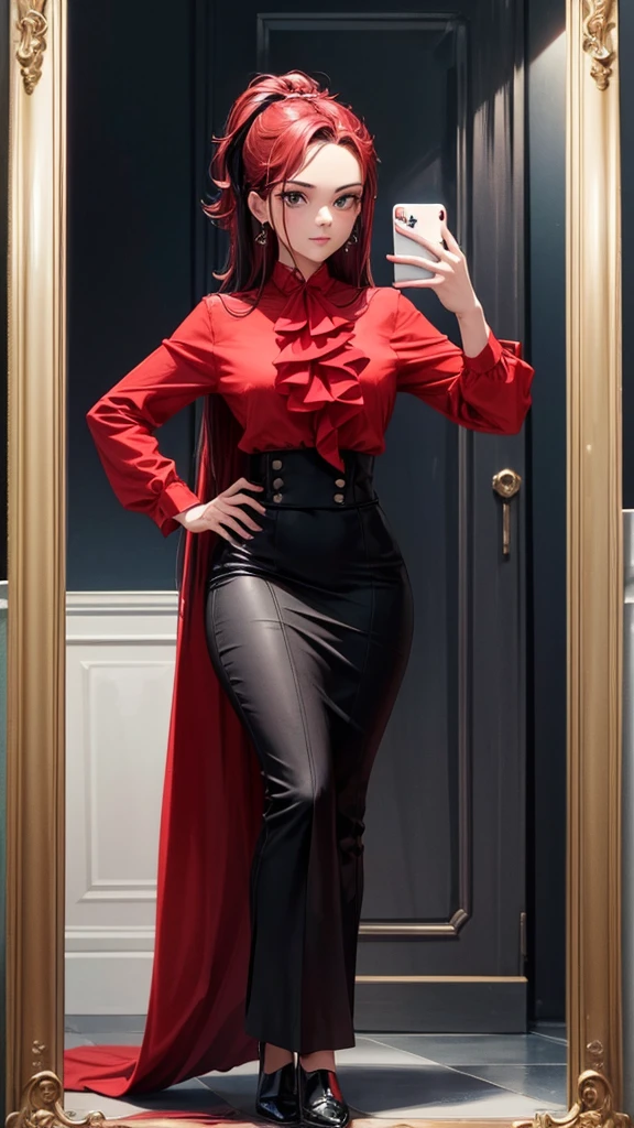 there is a woman taking a selfie in a mirror, rojo y negro, cuerpo completo picture, in rojo y negro, ????? y rojo, parado frente a un espejo, cintura delgada y caderas gruesas, vistiendo un traje rojo, foto del traje, tomado en 2 0 2 0, rojo y negro tones, traje de cuerpo rojo, traje ajustado, pose lateral, cuerpo completo;