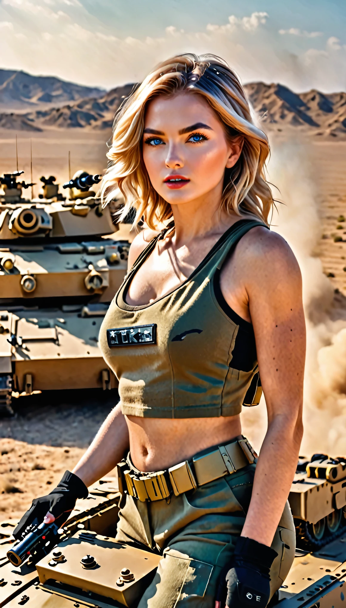 Beautiful Female Soldier in Support of Special Operations Group in a breathtaking cinematic scene from Hollywood movie、It showcases a panoramic view of an M-1 Abrams tank firing across a vast golden desert.。The protagonist is、A 35-year-old soldier with short, sandy blonde hair and piercing blue eyes.、The expression is serious yet determined.。Jaws clenched、Her lips are pressed together in a thin line、There are slight wrinkles at the corners of the eyes.、There is a hint of excitement in the air。The tanks are beautifully detailed.、Metal corner々It is perceived in a complex way.、Very detailed and gives the impression of a high budget production。Shallow depth of field、The tank and the soldier remain in focus.