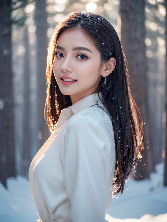 1 girl, Korean model, extremely beautiful, perfect body. The Canon EOS R5 camera combines a Canon EF 200mm f/2.8L IS III USM lens adjusted to capture sharp landscapes and even the entire body of the character. 8K photo quality, lifelike, masterpiece, sharpest and highest contrast, super realistic color photos. Her hair is pink, long and smooth, the wind blows it beautifully under the bright sunlight. Beautiful face, perfect and sexy, holy, perfectly proportioned, beautiful in every detail, ((shiny)), high-end cosmetic makeup. Bright smile, pure white teeth and details. Attractive glossy red lips, brilliant glossy red lipstick. Brown eyes, glossy, seductive, ((sharp makeup)), realistic, ((wet eyes)), detailed. Pink eyeshadow, long eyelashes, blush, high-end cosmetics. Two delicate eyelids, perfectly beautiful and detailed, black eyelashes. Eyebrows are curved, sparse, sharp and detailed. High and detailed nose. Cheeks are prominent and detailed. ((Bright white skin)), detailed pores, shiny skin, smooth skin. Long, shiny legs. Hands are beautiful, perfect, ((no flaws)), no defects. Complex light, yellow-black rays, ((lights the face)), sparkling sunlight, ((lights the girl's body)). Gold and silver earrings, diamond necklace, emerald belt, Rolex watch.
Slim-fitting jacket dress above the knee, snowy pine trees, snowflakes, fog, cold air, cinematic lighting, dramatic silhouettes, fantasy, depth of field, volumetric lighting, covered trees Falling snow, snow falling in hair, beautiful background scenery, detailed background, super detailed. Panoramic photo of a girl standing in a pine forest filled with white snow.