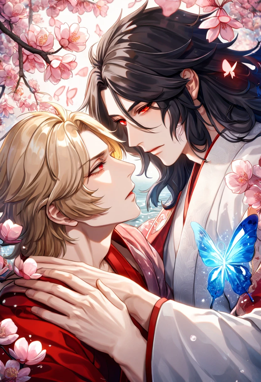 absurdres, highres, ultra detailed, HDR, master piece, best quality, extremely detailed face, delicated features, Ashura, black long hair, untamed hair, expressive red eyes, Onmyoji, Taishakuten, ash-blonde hair, short hair, two sexy men together, gay couple, yaoi, handsome, white kimono, red haori, water, blossoms, pink flowers, pink butterflies, fantasy, magic, radiant
