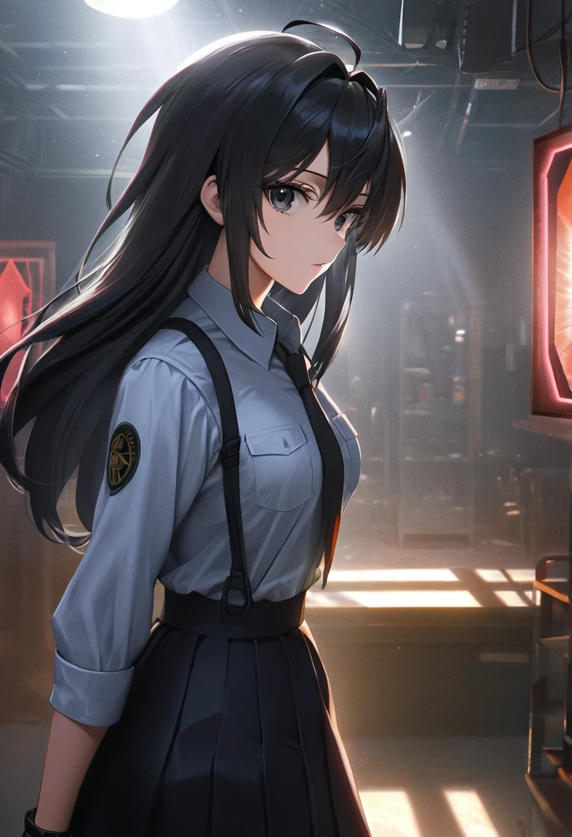 a woman with long straight black hair, beautiful detailed eyes, beautiful detailed lips, black eyes, detective outfit with skirt, gundam seed, gundam seed art style, (best quality,4k,8k,highres,masterpiece:1.2),ultra-detailed,(realistic,photorealistic,photo-realistic:1.37),highly detailed,intricate,cinematic lighting,dramatic pose,moody atmosphere,vibrant colors,studio lighting,chiaroscuro lighting