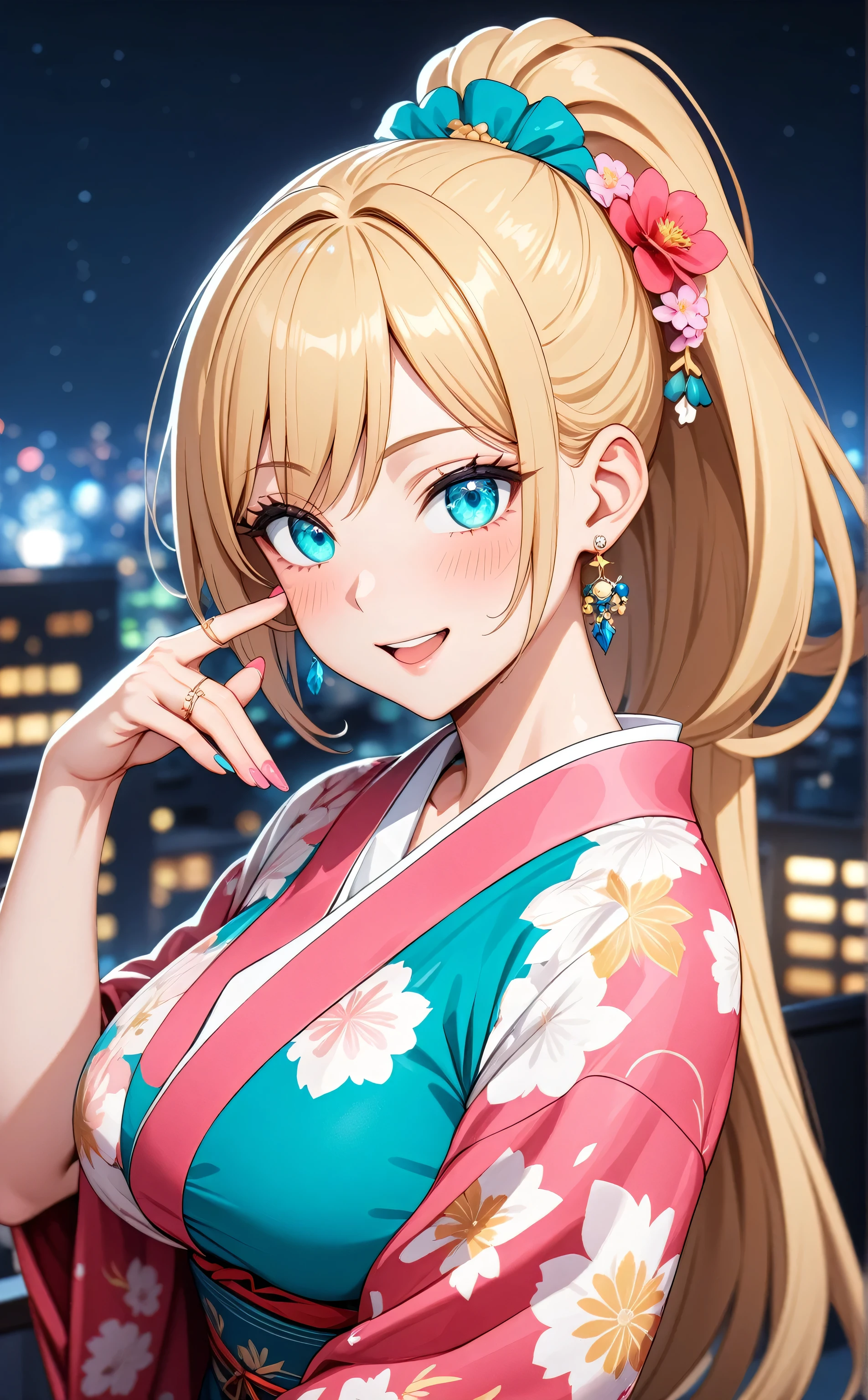 ((one person woman)), Beautiful Face,Laughing embarrassedly,((Wink:2.0)),laugh with a big mouth,turn bright red,Glossy pink lips,night,rooftop,Festive decorations,You can see the ocean, firework,((Anime style background)),masterpiece, highest quality, so beautiful, Latest, Complex details, (Pink long nails),(ring),(flower bracelet),choker,AI-generated, Complex,High resolution, highest quality, super high quality,3D Images、View your viewers、3D Images,one person,Long Blonde Hair,High Ponytail,blue eyes,Anime woman posing for a photo, (Fine grain,Turquoise colorful eyes,Shining Eyes:1.4),(Squint your eyes:1.1),a hyperRealistic , hyperRealistic , Realistic,Blonde anime woman with long hair, Smooth anime CG art, A woman in a colorful kimono with gold embroidery, (Pink kimono),Red floral pattern,Long flower hair ornament,Big earrings,(ring),(Big Breasts:1.1),Mature Body,Tall,Big Ass,Fine details,Tight waist,Abdominal muscles,(Face close up:1.4,),Facing forward
