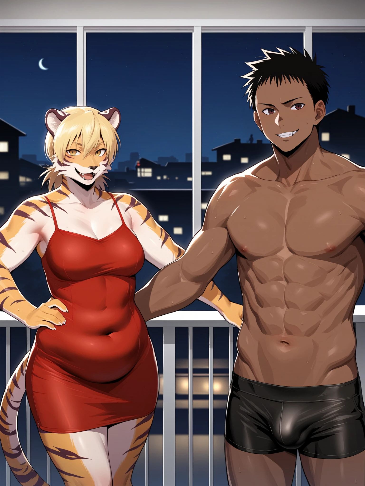 score_9, score_8_up, source_anime, standing, hellsing, seras, blonde hair, ????, indoors, night, night sky, nighttime, vampire, smirk, fangs, ikuchan, balcony, town background, clothed, male wearing shorts, muscular male, ??????????????, boyfriend, couple, sfw, looking at viewer, faceless male, dark skinned male, ??????? pov, ntr, ????????, standing side by side, standing, cuckolding, ????, 1girl, 1boy, duo, ((duo focus)), black haired male, interracial, BLACKED, bbc, raceplay, smug, humiliation, ((faceless male)), ((size difference)), tall male, ((duo)), waist grab, ((dark skinned male))), gown, dress, bulge,  rating:safe, navel, short dress, red dress, furry, tiger, anthro on human, tiger girl, chubby, bbw, ((furry)), tiger fur, chubby body, ((bbw)), milf,  belly, 