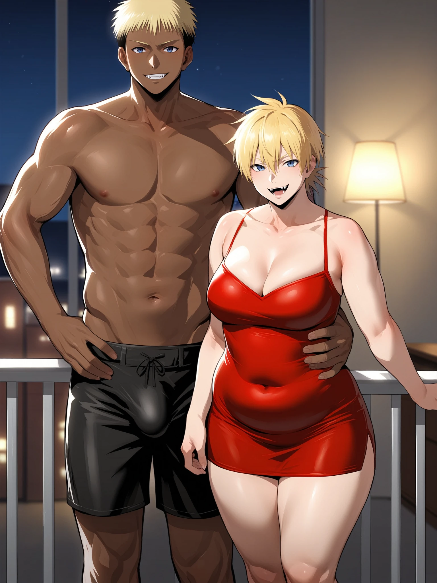 score_9, score_8_up, source_anime, standing, hellsing, seras, blonde hair, nude, indoors, night, night sky, nighttime, vampire, smirk, fangs, ikuchan, balcony, town background, clothed, male wearing shorts, muscular male, medium breasts, boyfriend, couple, sfw, looking at viewer, faceless male, dark skinned male, cuckold pov, ntr, netorare, standing side by side, standing, cuckolding, cuck, 1girl, 1boy, duo, ((duo focus)), black haired male, interracial, BLACKED, bbc, raceplay, smug, humiliation, ((faceless male)), ((size difference)), tall male, ((duo)), waist grab, ((dark skinned male))), gown, dress, bulge, rating:safe, navel, short dress, red dress, furry, tiger, anthro on human, tiger girl, chubby, bbw, ((furry)), tiger fur, chubby body, ((bbw)), milf, belly,