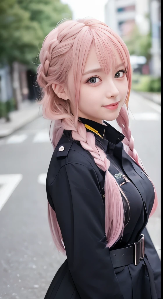 high image quality、Anime girl with long hair and in a police uniform poses for a photo、Shibuya、close-up、(smile:1.5)、travel, Anime images of cute girls, anime mo art style, in a dress, Anime girl in police uniform, beautiful anime girl, (Anime girl), Cute anime girl, Cute anime waifu in police uniform, adorable anime girls, Have a walkie-talkie、beautiful anime girl, Also, гладкое аниме cg art、(Pink hair), Hair in ears, Small , single braid, (single braid), (side braid), Big Tits