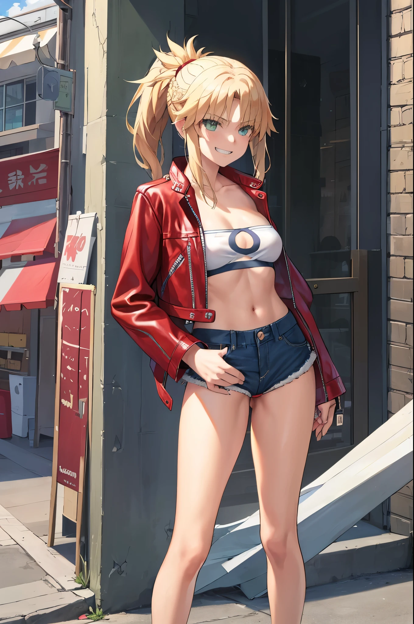 Masterpiece, Best Quality, illustration, city street, 1girl, Mordred \(fate\), cowboy shot, collarbone, Detailed blond hair ponytail braid, green eyes, Red leather jacket, White short blouse, denim shorts,navel,thigh-high,grin, covered_pussy,skiny,long_sword,