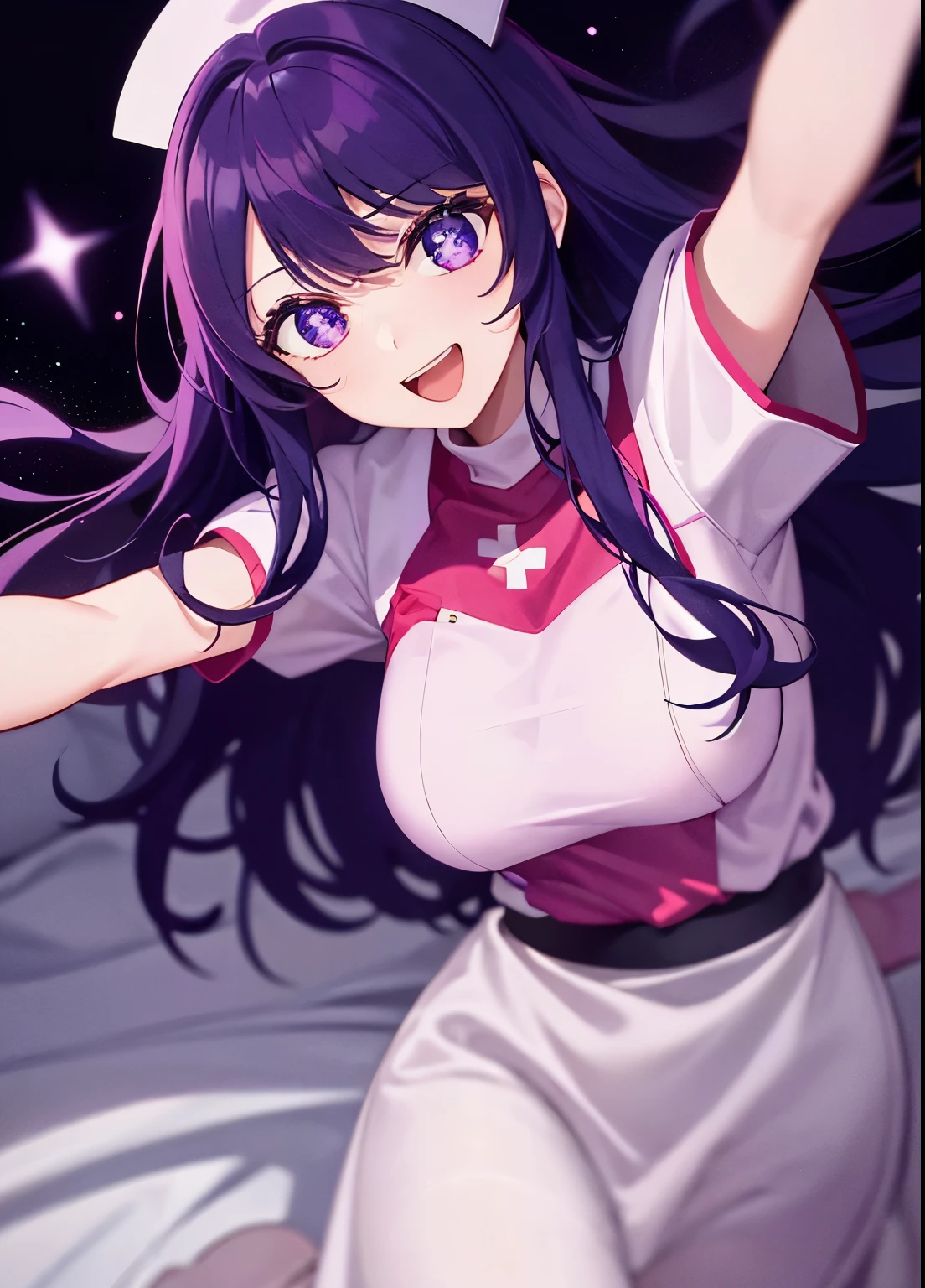 one-girl,nurses((There is a five-pointed star in the eye))Gorgeous Hair in Long Purple,Smile,Open mouth ,nurses,hospitals,White nurse clothes,White nurse hat,looki at viewer,Blood