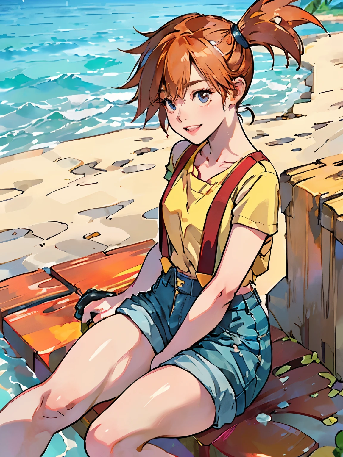 (masterpiece,highest quality,In 8K,Very detailed,High resolution,Realistic:1.2), (A small plain yellow shirt, Red suspenders, Navy blue denim shorts, unzip your pants, White panties are visible, Beautiful Bare Feet, Red sandals:1.5), (Orange Hair, Short Side Tail:1.3),(Sitting on a step by a tropical beach with your feet in the sea:1.5),(Photographing from the thigh up:1.5),(Turn your face slightly to the side, View your viewers:1.2), (18 year old Japanese female:1.3), (Lean upper body:1.3), (Big Ass, Thick thighs:1.3), (The subject is seen from above:1.2), (Draw detailed costume details:1.3), Smiling, I can see some teeth, Eyelash extensions,Pink lipstick, Red teak