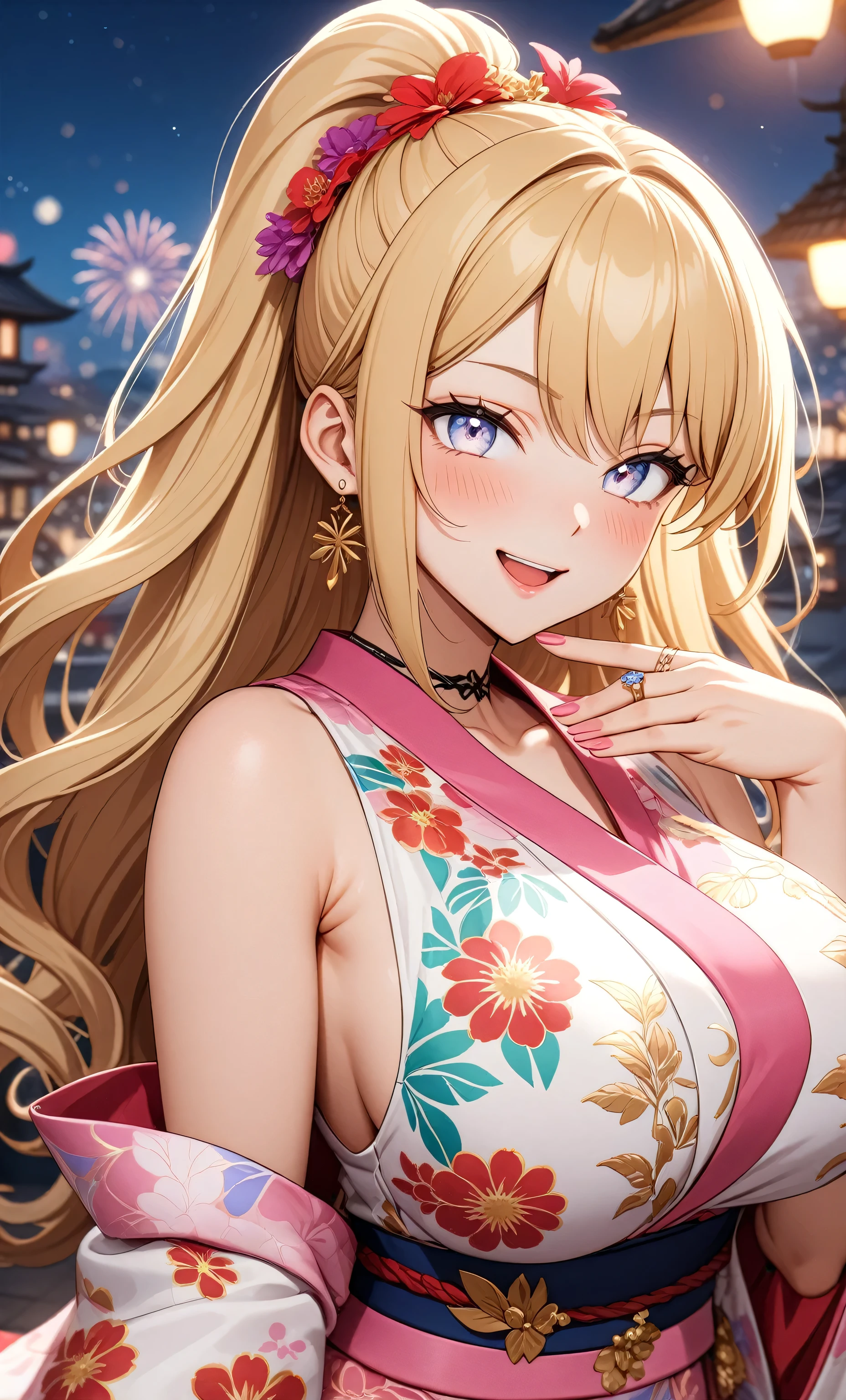 ((one person woman)), Beautiful Face,Laughing embarrassedly,((Wink:2.0)),laugh with a big mouth,turn bright red,Glossy pink lips,night,rooftop,Festive decorations,You can see the ocean, firework,((Anime style background)),masterpiece, highest quality, so beautiful, Latest, Complex details, (Pink long nails),(ring),(flower bracelet),choker,AI-generated, Complex,High resolution, highest quality, super high quality,3D Images、View your viewers、3D Images,one person,Long Blonde Hair,High Ponytail,blue eyes,Anime woman posing for a photo, (Fine grain,Silvery white colorful eyes,Shining Eyes:1.4),(Squint your eyes:1.1),a hyperRealistic , hyperRealistic , Realistic,Blonde anime woman with long hair, Smooth anime CG art, A woman in a colorful kimono with gold embroidery, (Pink kimono),Red floral pattern,Long flower hair ornament,Big earrings,(ring),(Big Breasts:1.1),Mature Body,Tall,Big Ass,Fine details,Tight waist,Abdominal muscles,(Face close up:1.4,),Facing forward