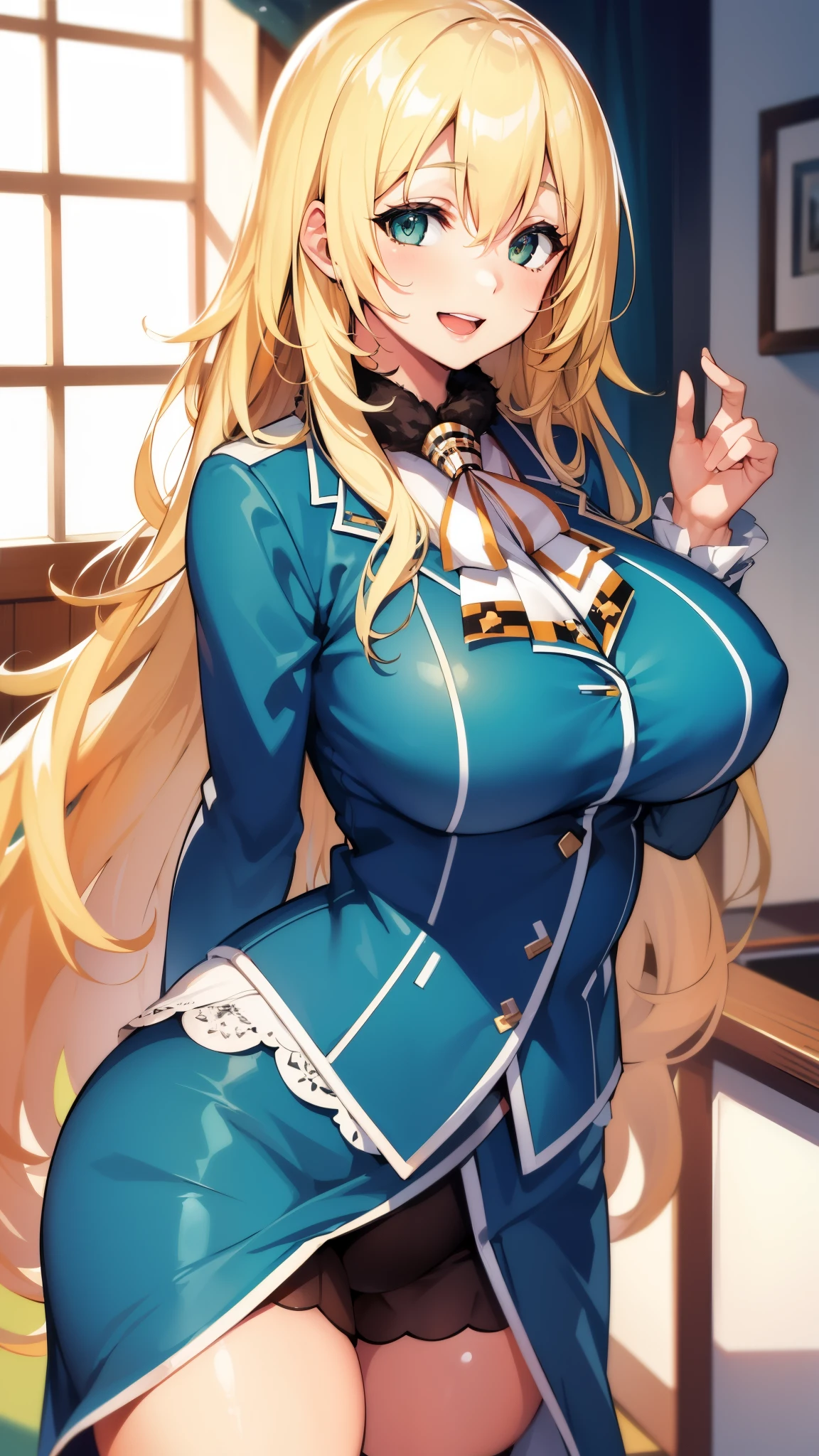 , Looking at Viewer,
blonde hair, large breasts, Smile, Open mouth, bsmile,wide hips,long hair,indoor,uniform,AtagoKC, (Atago) uniform