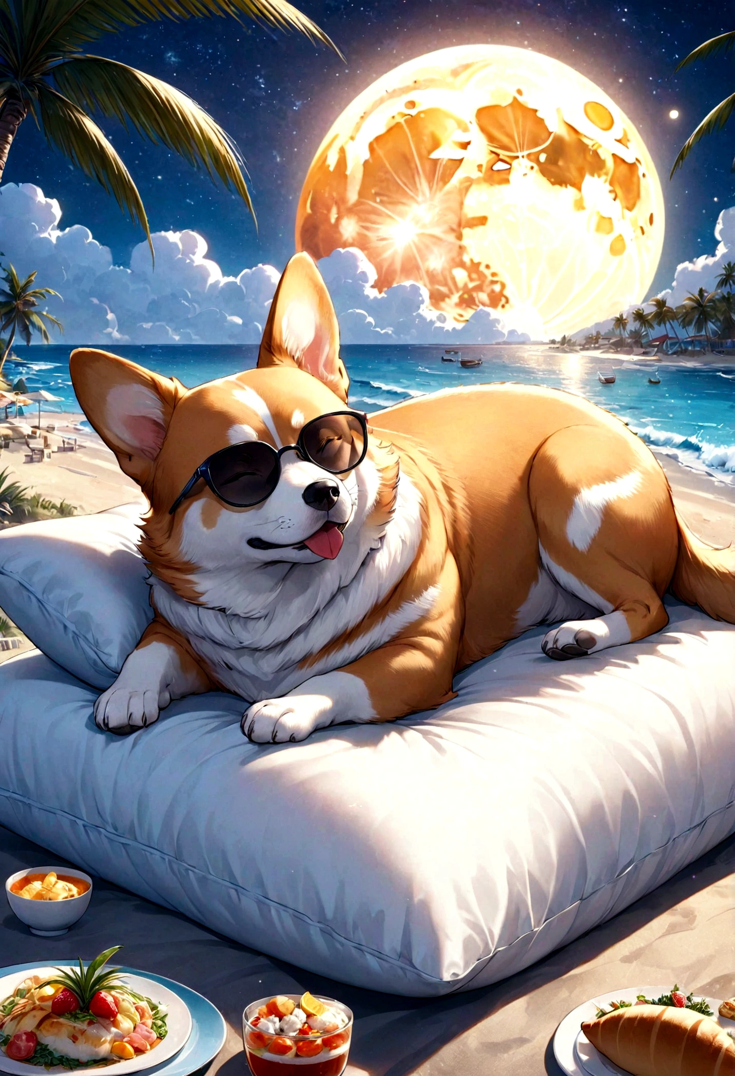 high resolution, 8K resolution, By the Sea, moon, Beautiful starry sky, Corgi wearing sunglasses sleeping on a pillow,Palm tree,vacation,Fancy Meals