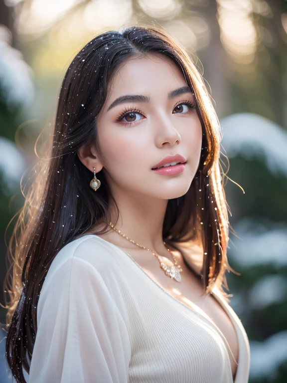 1 girl, Korean model, extremely beautiful, perfect body. The Canon EOS R5 200mm f/11 IS III USM camera adjusts to sharp shooting mode for landscapes and the whole body of characters. 8K photo quality, lifelike, masterpiece, sharpest and highest contrast, super realistic color photos. Her hair is pink, long and smooth, the wind blows it beautifully under the bright sunlight. Beautiful face, perfect and sexy, holy, perfectly proportioned, beautiful in every detail, ((shiny)), high-end cosmetic makeup. Bright smile, pure white teeth and details. Attractive glossy red lips, brilliant glossy red lipstick. Brown eyes, glossy, seductive, ((sharp makeup)), realistic, ((wet eyes)), detailed. Pink eyeshadow, long eyelashes, blush, high-end cosmetics. Two delicate eyelids, perfectly beautiful and detailed, black eyelashes. Eyebrows are curved, sparse, sharp and detailed. High and detailed nose. Cheeks are prominent and detailed. ((Bright white skin)), detailed pores, shiny skin, smooth skin. Long, shiny legs. Hands are beautiful, perfect, ((no flaws)), no defects. Complex light, yellow-black rays, ((lights the face)), sparkling sunlight, ((lights the girl's body)). Gold and silver earrings, diamond necklace, emerald belt, Rolex watch.
Slim-fitting jacket dress above the knee, snowy pine trees, snowflakes, fog, cold air, cinematic lighting, dramatic silhouettes, fantasy, depth of field, volumetric lighting, covered trees Falling snow, snow falling in hair, beautiful background scenery, detailed background, super detailed. ((Full body photo of girl)) standing in a pine forest filled with white snow.