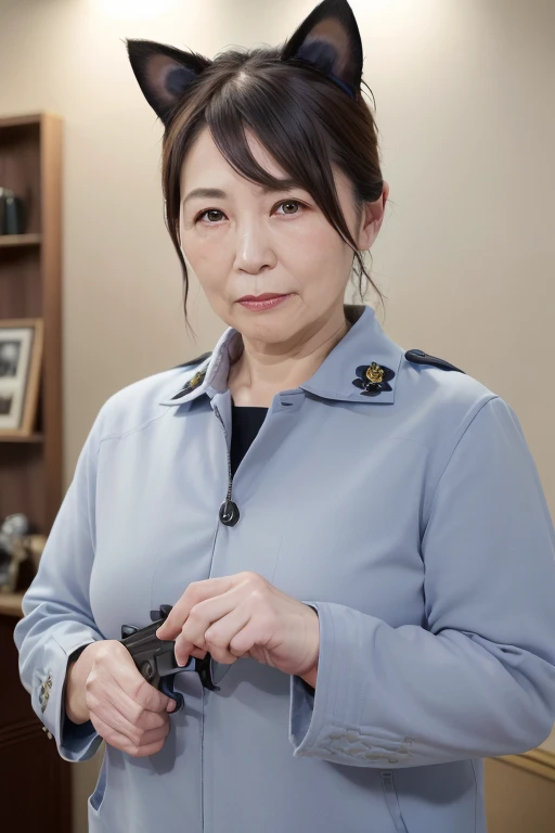 a mature 65 year old japanese woman, married female Japanese police officer, long eyelashes, chubby build, ((cat ears)), low ponytail, pistol, (best quality,8k,highres,masterpiece:1.2),ultra-detailed,(realistic,photorealistic,photo-realistic:1.37),intricate details,highly detailed face and uniform, dramatic lighting, cinematic composition, moody colors