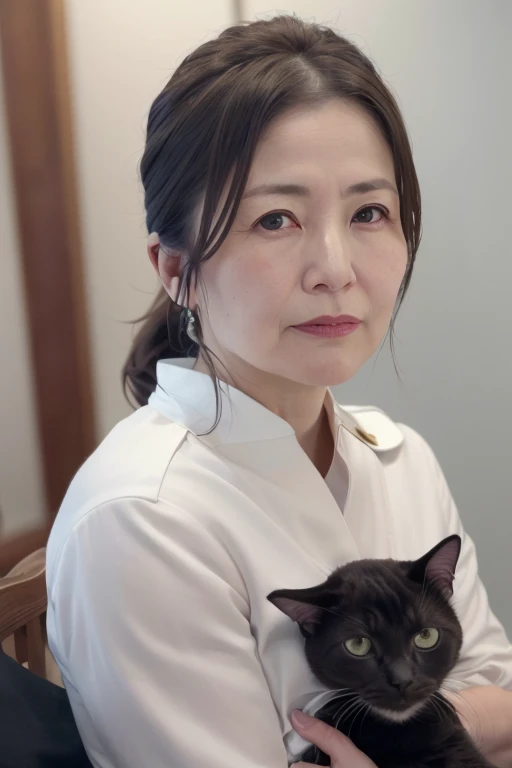 a mature 65 year old japanese woman, married female Japanese police officer, long eyelashes, chubby build, ((cat ears)), low ponytail, pistol, (best quality,8k,highres,masterpiece:1.2),ultra-detailed,(realistic,photorealistic,photo-realistic:1.37),intricate details,highly detailed face and uniform, dramatic lighting, cinematic composition, moody colors