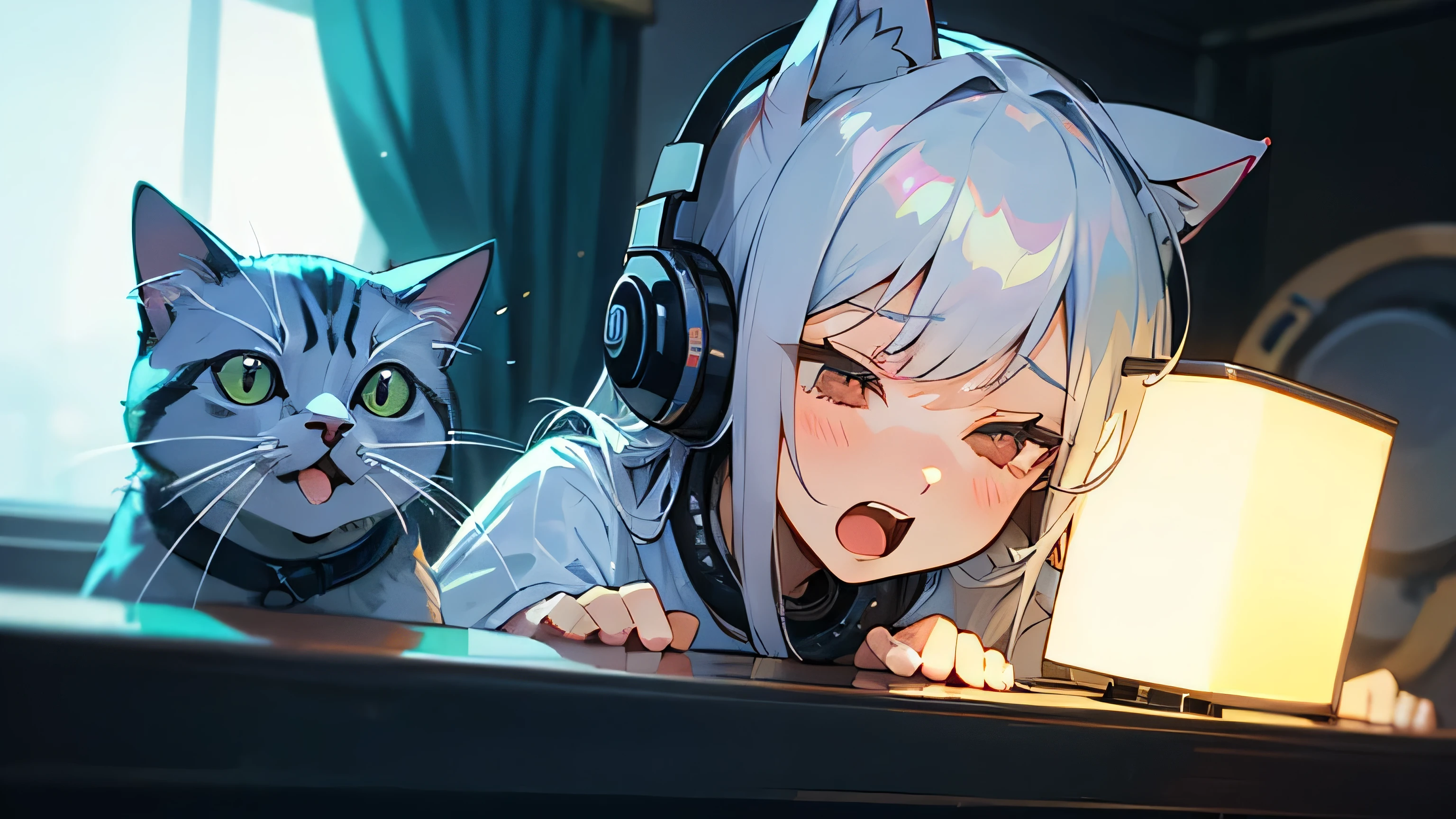 Room with speakers、Cat with headphones、Upper body close-up、night、Silver Hair、Yawn