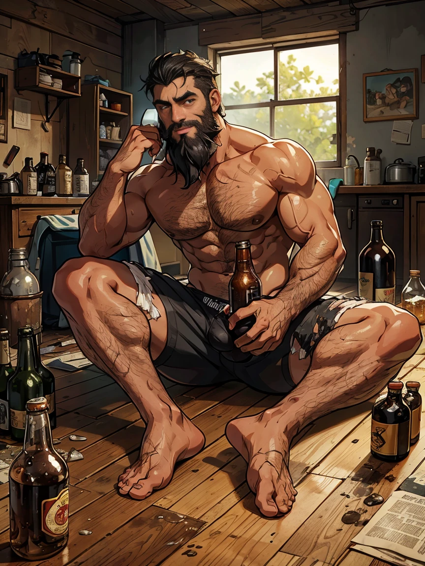 Homeless man, muscular body (dirty), dirty and oily skin, hairy body, huge chest (huge2:0), poorly groomed beard, dark smile, black eyes, face with expression lines, black hair (messy), huge bulge in underwear. He is in the living room of an abandoned house (dirty, bottles on the floor), wearing torn underwear (dirty), bare back (dirty skin), barefoot, holding a bottle of beer, sexy pose.