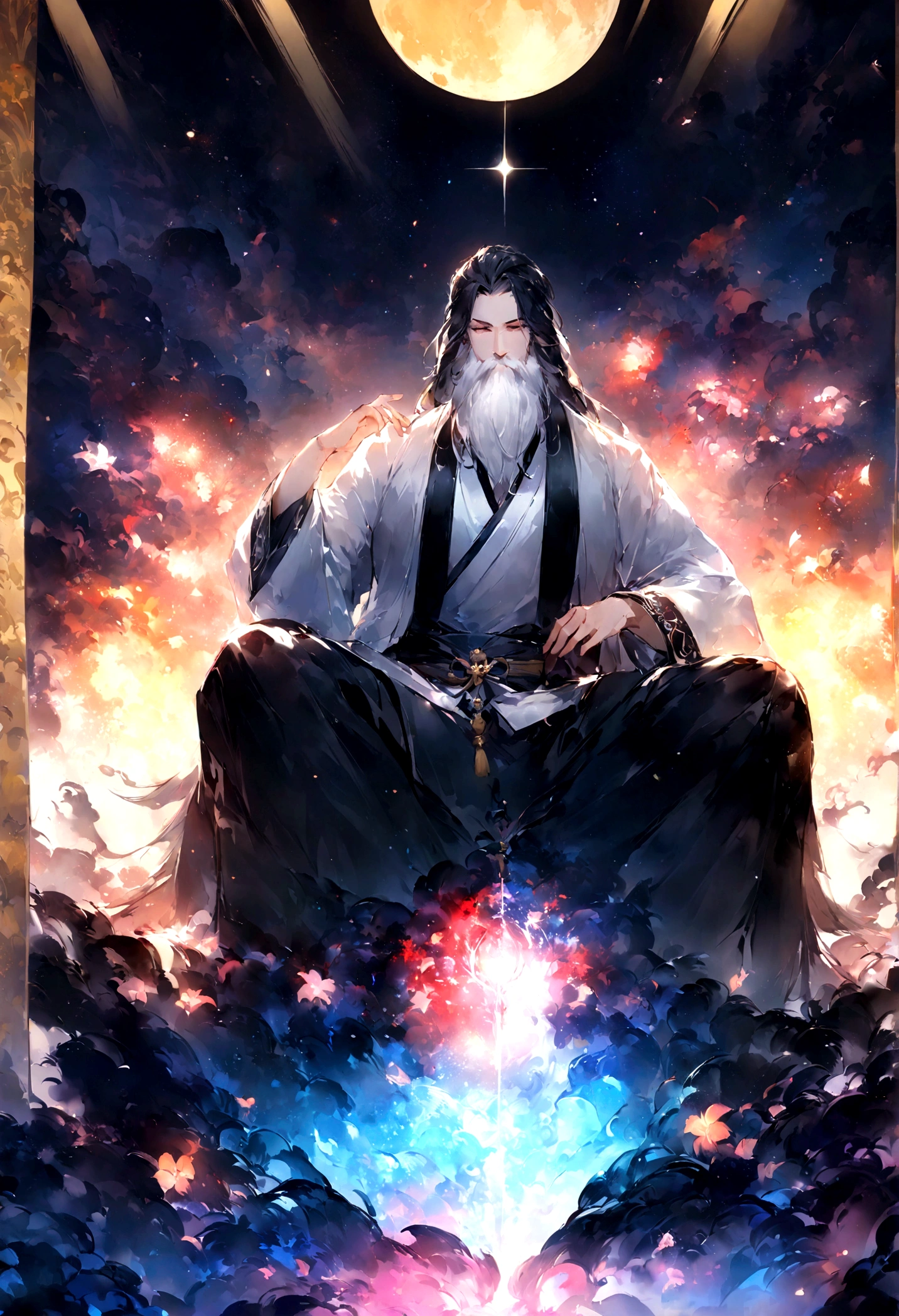 Young male Taoist leader from China,long beard,Meditate cross-legged, In the center,Very bright colors,Moon background, light particles, with shining light, Mshiv, wallpaper art, UHD wallpaper