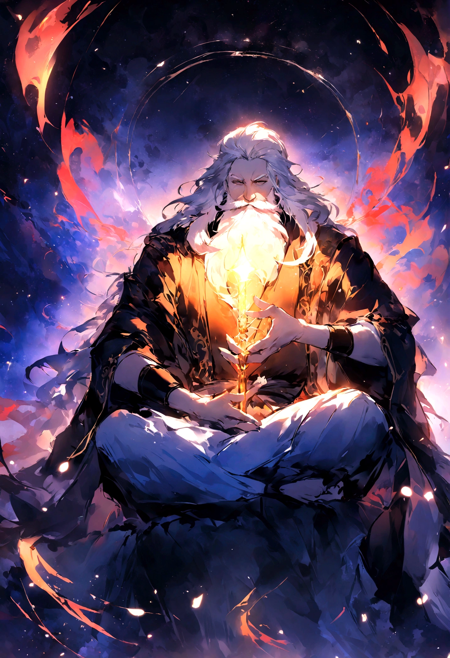 Young male Taoist leader from China，long beard，Meditate cross-legged, In the center，Very bright colors,Moon background， light particles, with shining light, Mshiv, wallpaper art, UHD wallpaper