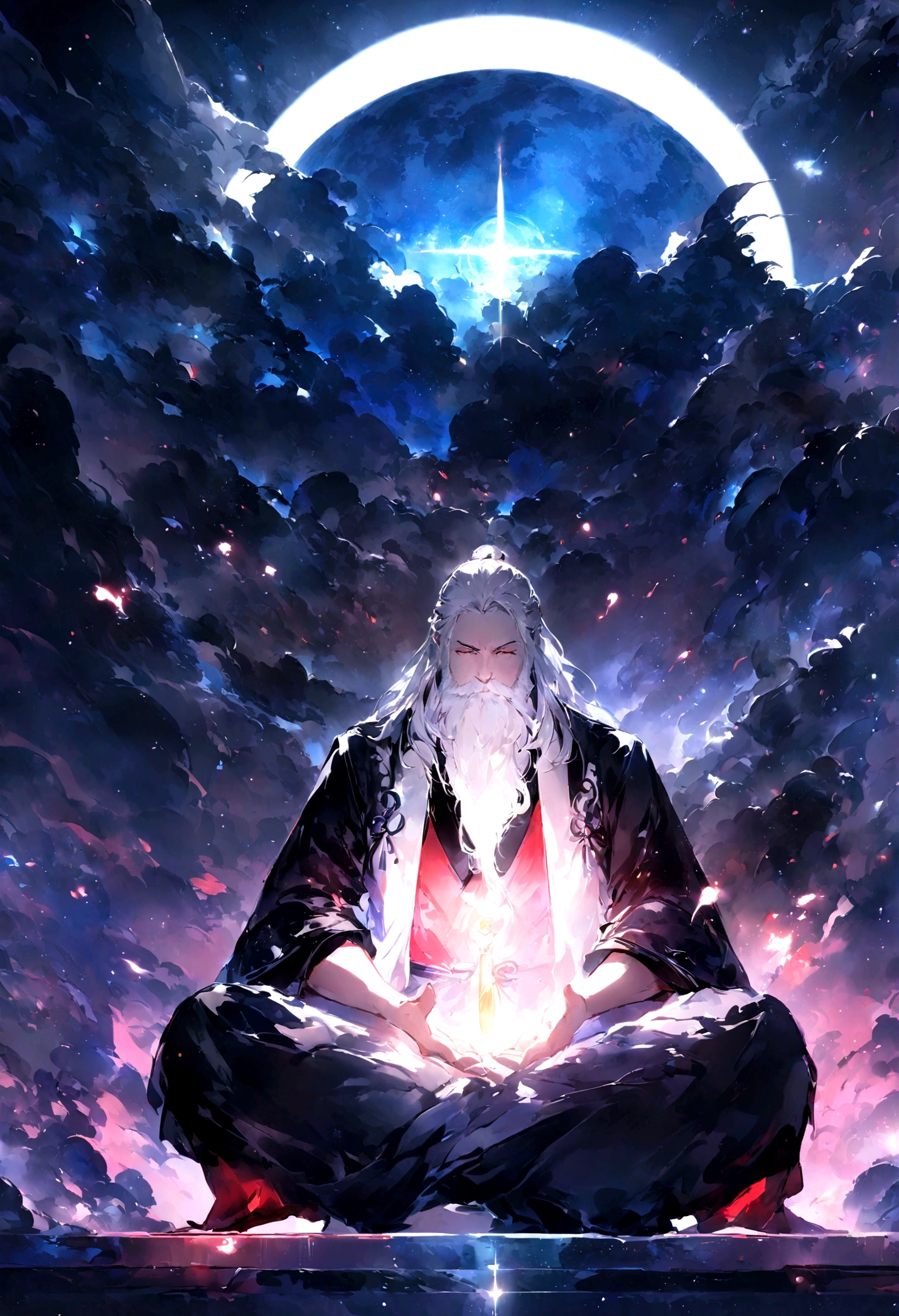 Young male Taoist leader from China，long beard，Meditate cross-legged, In the center，Very bright colors,Moon background， light particles, with shining light, Mshiv, wallpaper art, UHD wallpaper