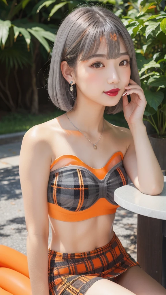 (8k, Photorealistic, Raw photo, Highest quality: 1.4),Japanese idol-style beautiful girl,1 person,18-year-old,Hairstyle(Very Short Bob,silver),She has her hair tucked behind her ears,She wears small earrings in her ears,(pupil(big,Transparent grey :1.5)),Long eyelashes,Plump Cheeks,(lips(lipstick(Orange :1.3)Painting,lipstickの上からグロスを塗り艶やかでふっくらとしている)),Smiling,A short pendant is hanging around her neck,Thin and delicate shoulders,(Manicure(Black :1.5)on the nails of both hands),Thin waist,(barefoot),(Manicure(Black)on the nails of both feet.),(Summer knitwear(Tube top :1.5,Plain :1.7,White :1.7)Wearing it on bare skin),I can see her cleavage,(Pleated skirt(Plaid,Black :1.7)Wear),(On the grass under the tree in the park),(Sit in a hu sit :1.7),(Place your hands on your crotch),She is surrounded by the gentle sunlight filtering through the trees.,Angle from the front,whole body ports