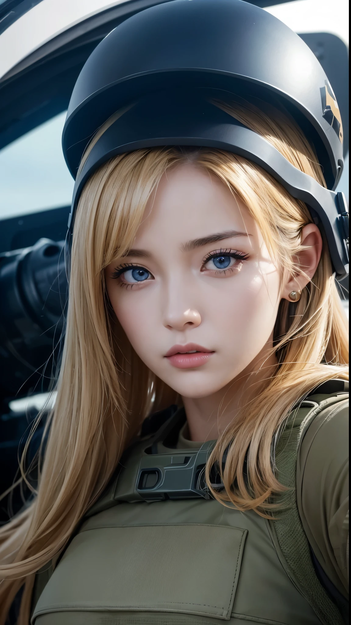 Beautiful Female Soldier in Support of Special Operations Group in a breathtaking cinematic scene from Hollywood movie、It showcases a panoramic view of an M-1 Abrams tank firing across a vast golden desert.。The protagonist is、A 35-year-old soldier with short, sandy blonde hair and piercing blue eyes.、The expression is serious yet determined.。Jaws clenched、Her lips are pressed together in a thin line、There are slight wrinkles at the corners of the eyes.、There is a hint of excitement in the air。The tanks are beautifully detailed.、Metal corner々It is perceived in a complex way.、Very detailed and gives the impression of a high budget production。Shallow depth of field、The tank and the soldier remain in focus.