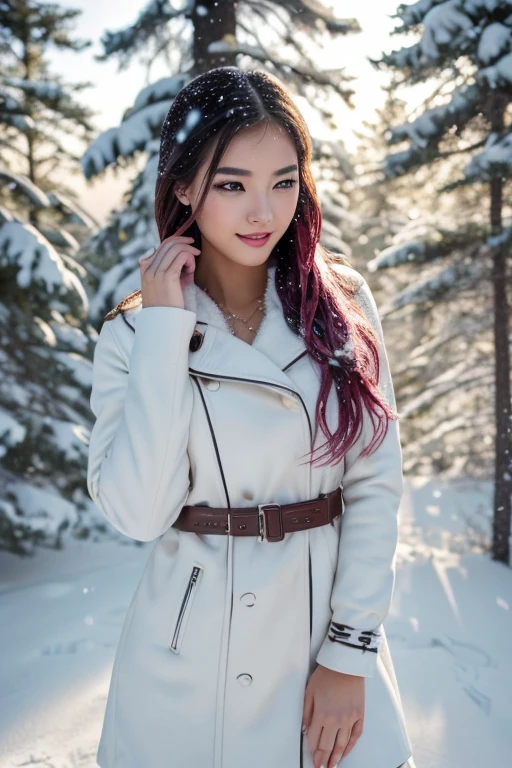1 girl, Korean model, extremely beautiful, perfect body. The Canon EOS R5 200mm f/11 IS III USM camera adjusts to sharp shooting mode for landscapes and the whole body of characters. 8K photo quality, lifelike, masterpiece, sharpest and highest contrast, super realistic color photos. Her hair is pink, long and smooth, the wind blows it beautifully under the bright sunlight. Beautiful face, perfect and sexy, holy, perfectly proportioned, beautiful in every detail, ((shiny)), high-end cosmetic makeup. Bright smile, pure white teeth and details. Attractive glossy red lips, brilliant glossy red lipstick. Brown eyes, glossy, seductive, ((sharp makeup)), realistic, ((wet eyes)), detailed. Pink eyeshadow, long eyelashes, blush, high-end cosmetics. Two delicate eyelids, perfectly beautiful and detailed, black eyelashes. Eyebrows are curved, sparse, sharp and detailed. High and detailed nose. Cheeks are prominent and detailed. ((Bright white skin)), detailed pores, shiny skin, smooth skin. Long, shiny legs. Hands are beautiful, perfect, ((no flaws)), no defects. Complex light, yellow-black rays, ((lights the face)), sparkling sunlight, ((lights the girl's body)). Gold and silver earrings, diamond necklace, emerald belt, Rolex watch.
Slim-fitting jacket dress above the knee, snowy pine trees, snowflakes, fog, cold air, cinematic lighting, dramatic silhouettes, fantasy, depth of field, volumetric lighting, covered trees Falling snow, snow falling in hair, beautiful background scenery, detailed background, super detailed. ((Full body photo of the girl from head to toe)) standing in a pine forest filled with white snow.